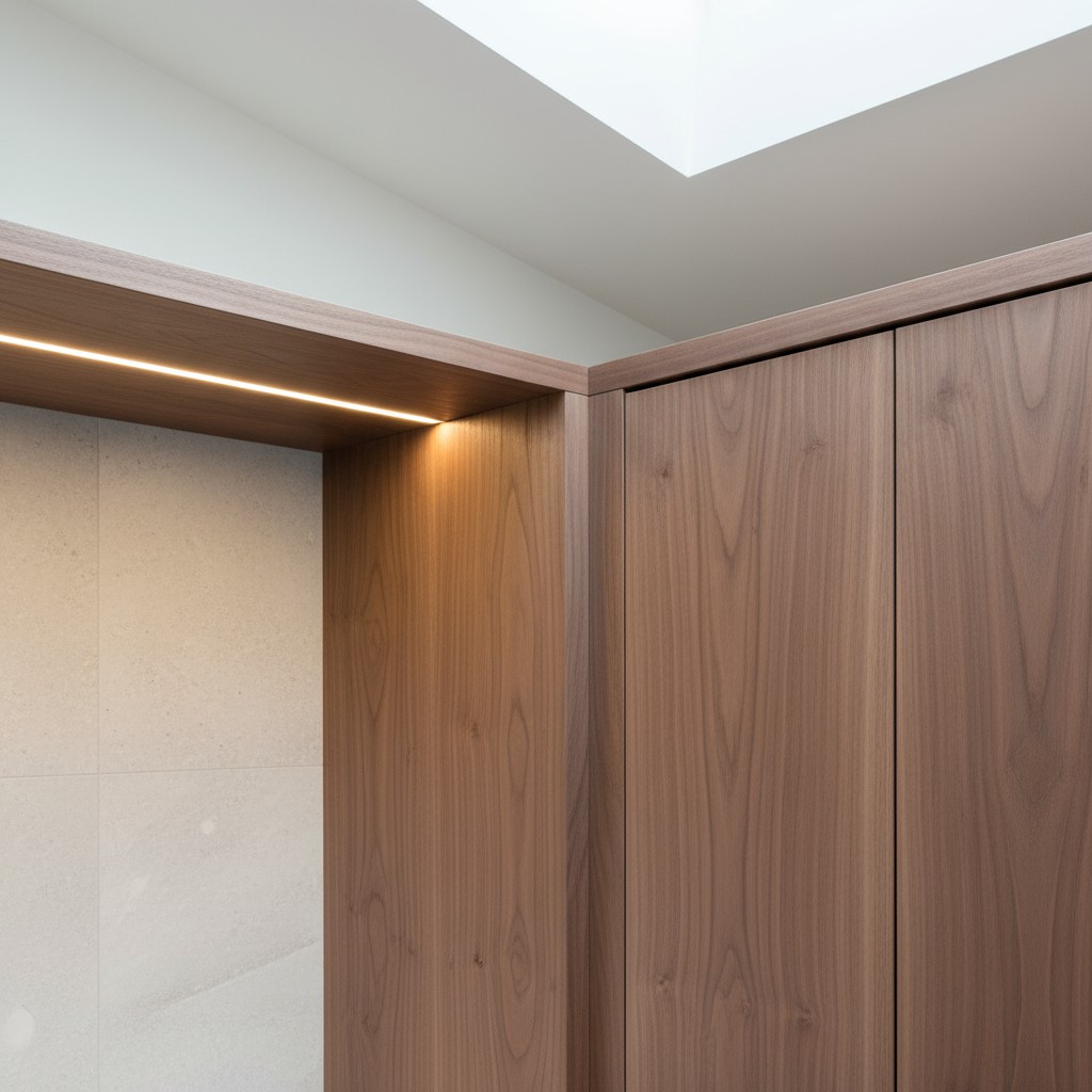 A close-up image of a wooden wall paneling with basement lighting. The shot focuses on a corner where two panels intersect...